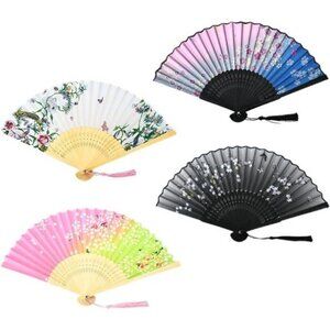 Elegant Floral Folding Hand Fan Set – 4 Assorted Designs Weddings, Festivals